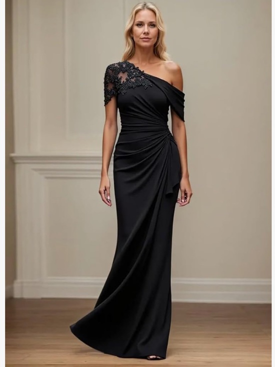 ryanth Dresses & Skirts - One Shoulder Mother of the Bride Formal Mermaid Dress Black Satin Wedding Guest